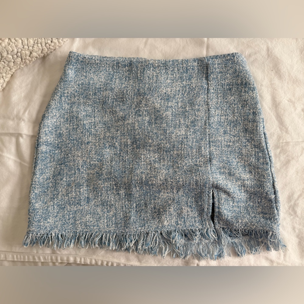 Blue Textured Skirt with Fringe